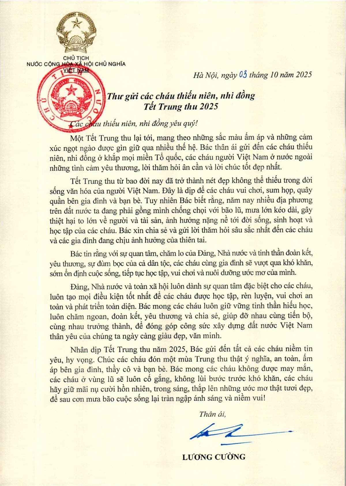 Thư gửi các cháu thiếu niên, nhi đồng Tết Trung thu 2025